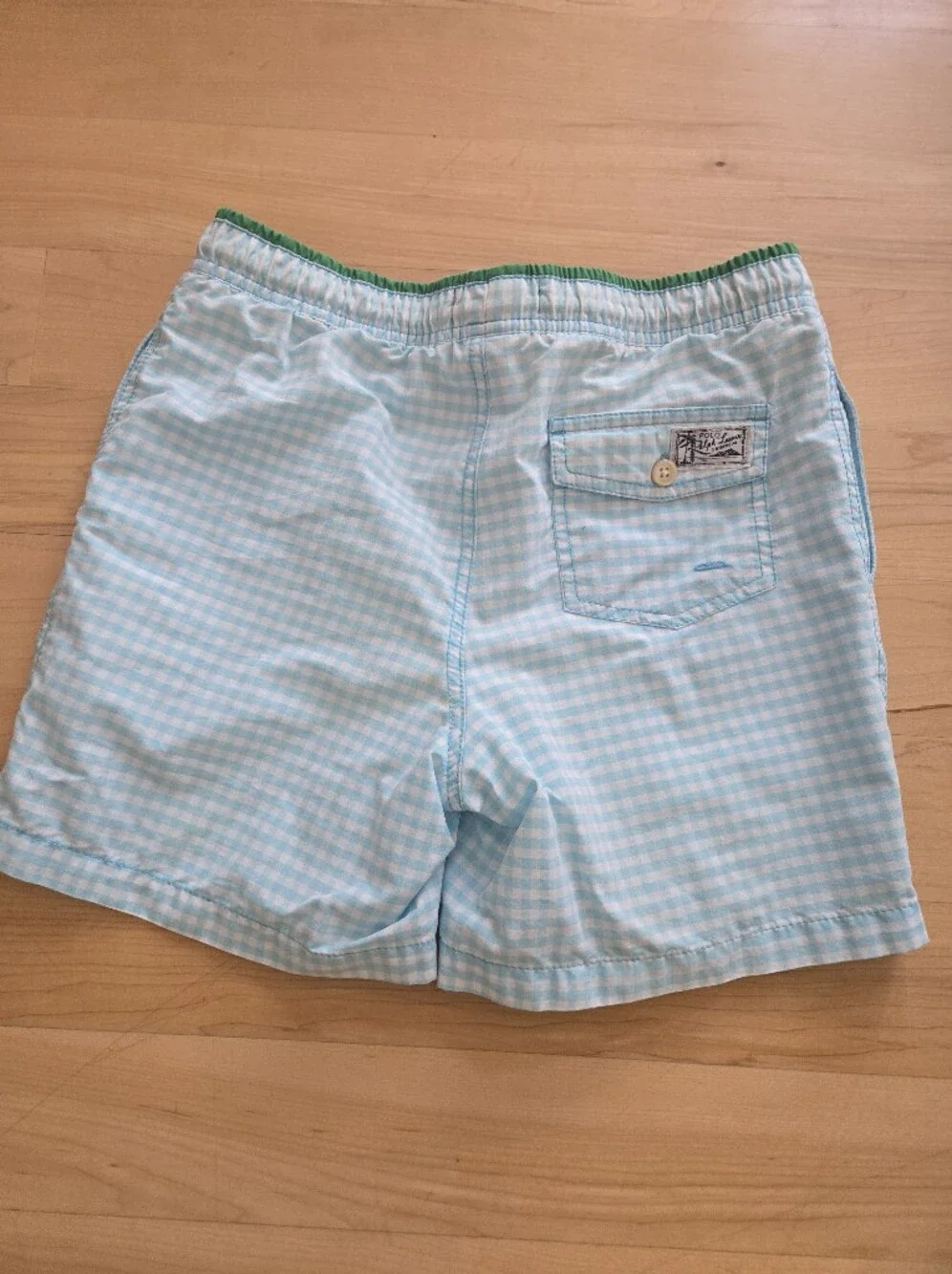 Polo by Ralph Lauren Boys Light Blue Gingham Swim Trunks with Green Trim